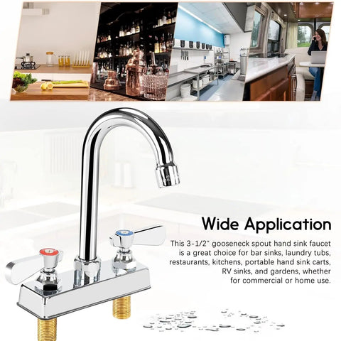 Commercial Bar Sink Faucet With Four Inch Center Deck Mount And Three And A Half Inch Gooseneck Swivel Spout, Two Hole Brass Construction Chrome Polished Finish With Dual Lever Handles Built To Last And Easy Control showcasing usage in bars and kitchens.