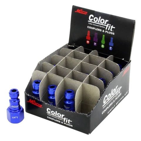 Box of Blue T Style Pneumatic Plugs One Quarter Inch NPT Female, 20 Pack, Push to Connect, Color Coded Air Line Fittings