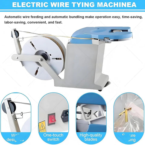 Rock The Bench With This Hottest Semi-Auto Twist Tie Machine For Sealing And Bundling Bags Of Bread Or Toys Fast Using Metallic Wire At 40 Per Minute Compact Design Saves Sweet Shop Space, showing auto wire feeding feature.