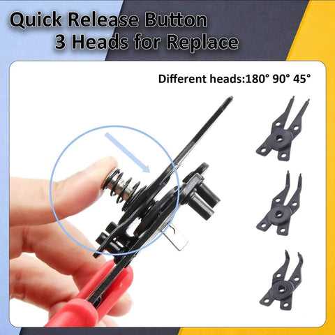 Close-up of snap ring pliers with quick release feature, part of 850 Pieces C Clip And E Clip Retaining Rings Set With Snap Ring Pliers And Tweezers In 24 Sizes Stainless Steel 304 For Auto Repair Machinery And DIY Projects Ideal For Quick Fixes.