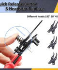 Hand holding pliers with quick release button and interchangeable heads, 850 Piece C Clip And E Clip Retaining Ring Kit With 24 Sizes From M2 To M16 Carbon Steel Heavy Duty Snap Ring Pliers And Tweezers For Auto Repair And DIY Projects.