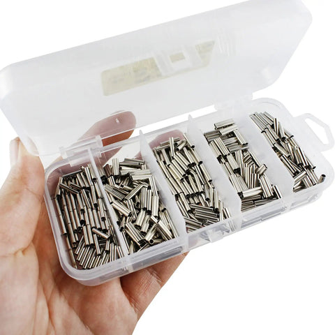 Pro Grade 250Pcs Wire Rope Crimp Sleeve Kit With Single And Double Barrel Copper Ferrules in a clear plastic case with 5 size assortment