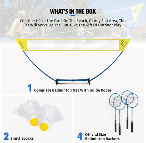 Backyard Badminton Set With Easy Setup Net 4 Steel Shaft Rackets 2 Durable Shuttlecocks 15 Feet Wide And 5 Feet Tall Court