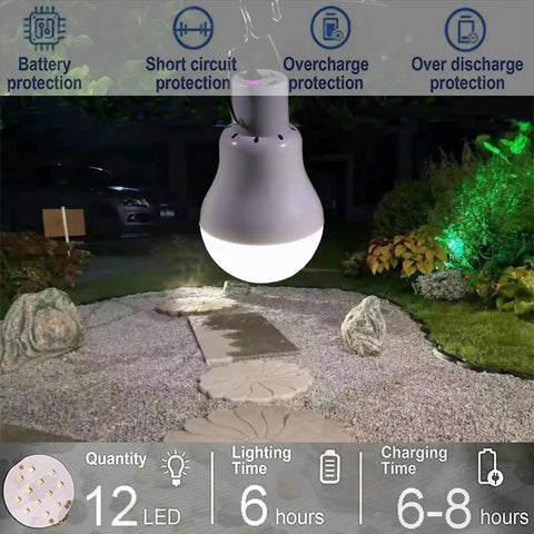 Portable Solar Powered Light Bulb Lantern With 350LM Output for outdoor lighting, shown in a garden setting at night with glowing light.