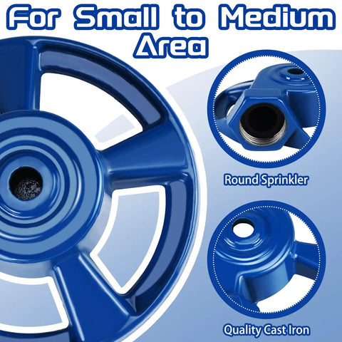 Heavy Duty Cast Iron Lawn Sprinkler For Yard And Garden Watering With American Threaded Joints Durable Weather Resistant Metal Sprinkler System Perfect For Irrigation And Lawn Care Blue Finish close-up with quality cast iron and round design