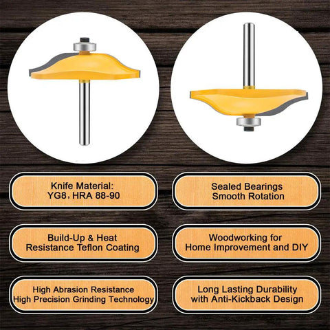 Two router bits from the 3 Piece Router Bit Set With One Quarter Inch Shank For Ogee Rail And Stile Cabinet Doors, showing cutter details.
