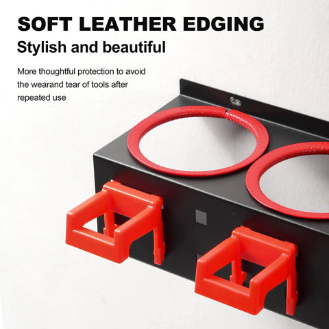 Close-up of spray bottle storage rack with two red hooks and soft leather edging for car detailing, showing black metal design.