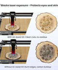 Air Assist Kit for Ray5 laser engraver with red nozzle over engraved wooden disc (front view).