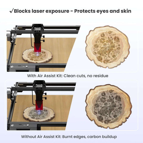Air Assist Kit for Ray5 laser engraver with red nozzle over engraved wooden disc (front view).