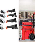 Tough As Nails Heavy Duty Workbench Casters With Three Inch Polyurethane Wheels and Retractable Pull Pins featuring a workbench and tools.