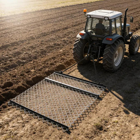 Tractor pulling a drag harrow for ATV and UTV, 4x5 foot chain harrow with rust resistant mesh, leveling soil in a field.