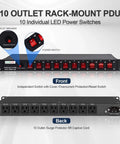 Front and back view of 10 Outlet 1U Rack Mount PDU With Individual Switches Surge Protector 100-240V 15A 1800J, 6 ft cord
