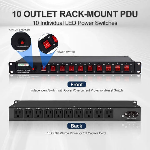 Front and back view of 10 Outlet 1U Rack Mount PDU With Individual Switches Surge Protector 100-240V 15A 1800J, 6 ft cord
