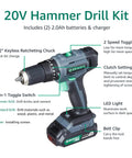 Skil 20V Cordless Hammer Drill Kit with 2x 2.0Ah Batteries and Charger 3 in 1 Driver showing drill features and PWRCORE 20 compatibility