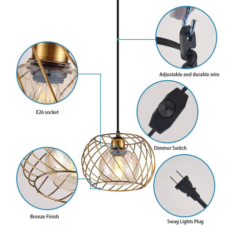 Gold Small Hanging Glass Pendant Light With 16ft Plug In Cord Dimmable And Adjustable Mini Pendant showing key components