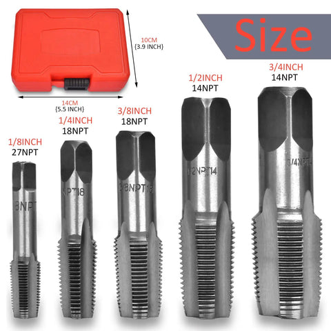 Professional NPT Pipe Tap Set 5 Piece Pro-Grade Carbon Steel with Thread-Forming Taps and Drill Bits Includes Storage Case