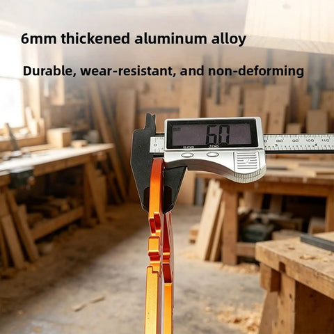 Rock Solid Aluminum Router Corner Radius Template With Bolt Down Fixing Clamp For Dead On Precise Woodworking Cut Lines R20 R25 R30 R35 shown with 6mm thickened aluminum alloy measuring tool and workshop background.