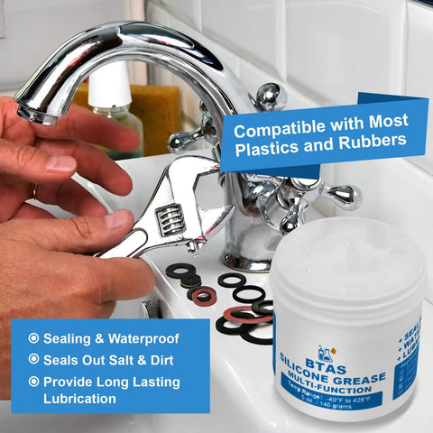 Person using Silicone Grease For Plumbers And Pool Equipment O Ring Lubricant Rubber Gasket Sealant Food Grade 5 Oz on faucet