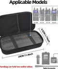 Beefy Rugged Walkie Talkie Carry Case For Ham Radios With Inner Mesh Pockets, size dimensions and compatible radio models shown