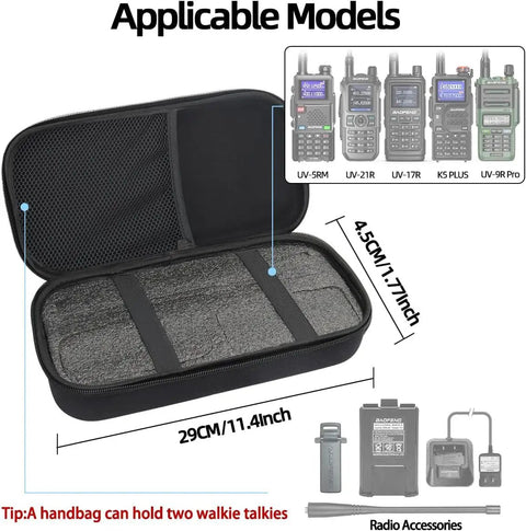 Beefy Rugged Walkie Talkie Carry Case For Ham Radios With Inner Mesh Pockets, size dimensions and compatible radio models shown