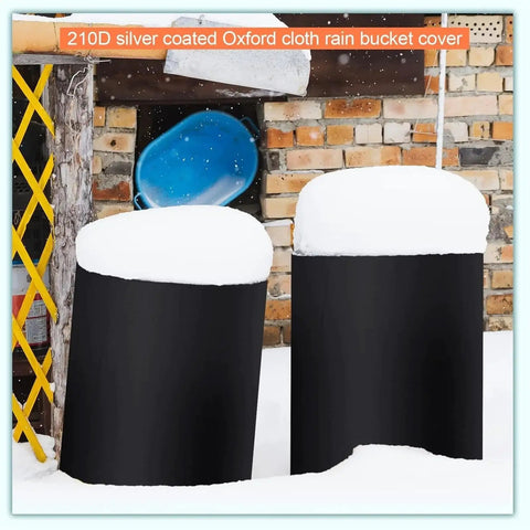 Built Tough 55 Gallon Drum Cover For Outdoor Water Storage Barrel With Grip Tight Drawstring Closure All Season Rain Snow Guard UV Protected covering two black barrels with snow.