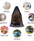 Heavy Duty Mesh Laundry Bags Set 24 x 36 Inches Drawstring Closure Black 2 Pack for Dorms College Travel shown with uses