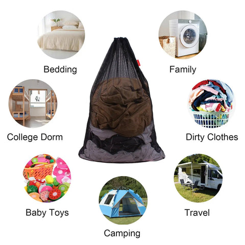 Heavy Duty Mesh Laundry Bags Set 24 x 36 Inches Drawstring Closure Black 2 Pack for Dorms College Travel shown with uses