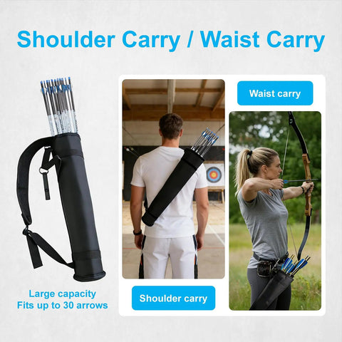 Back Hip Arrow Quiver For Recurve And Compound Bow, adjustable archery arrow holder shown in shoulder and waist carry