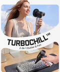 Woman using Gust B11 Mix 110000RPM Electric Air Duster And Portable Fan for cooling and electronics cleaning.