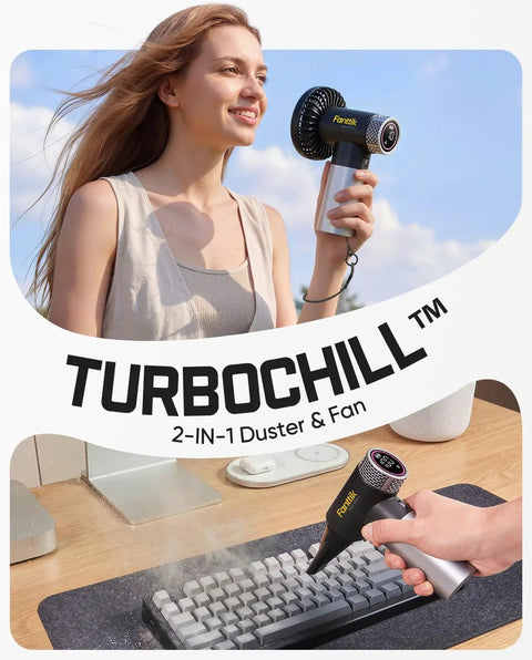 Woman using Gust B11 Mix 110000RPM Electric Air Duster And Portable Fan for cooling and electronics cleaning.