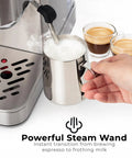 Compact Espresso Machine With 20 Bar Pump And Milk Frother Steam Wand For Barista Grade Lattes And Cappuccinos At Home 1350W Fast Heating 40 Ounce Removable Water Tank Stainless Steel Silver with milk frother wand steaming milk.