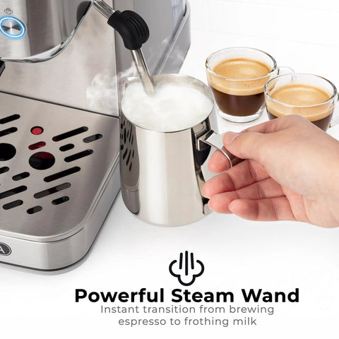 Compact Espresso Machine With 20 Bar Pump And Milk Frother Steam Wand For Barista Grade Lattes And Cappuccinos At Home 1350W Fast Heating 40 Ounce Removable Water Tank Stainless Steel Silver with milk frother wand steaming milk.