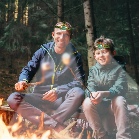 Father and son wearing Dinosaur Themed LED Headlamp For Kids And Adults Multi Mode Dino Headlamp For Camping And Night Adventures