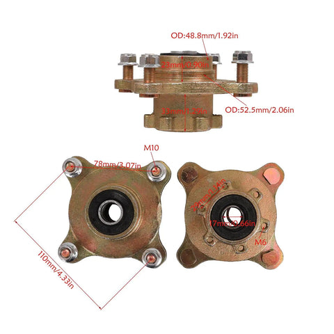 Beefy Front Disc Brake Wheel Hub Kit With Bearing Assembly And Steering Knuckle Spindle For 125cc 150cc 200cc Quad Buggy ATV UTV Replacement Pair Ready To Install, showing dimensions and components.