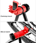 Foldable Steel Bicycle Floor Stand 2 Pack For Road, MTB And Hybrid Bikes showing chainstay mount and bike secured on stand