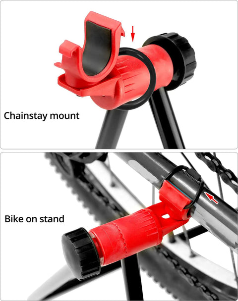 Foldable Steel Bicycle Floor Stand 2 Pack For Road, MTB And Hybrid Bikes showing chainstay mount and bike secured on stand