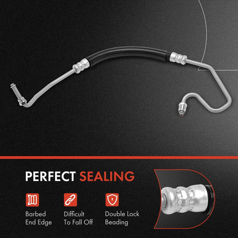 Power Steering Pressure Hose Line Assembly For Chevrolet Silverado 2500 3500 Suburban And GMC C2500 Cadillac Fits 4.3L 5.0L 5.7L Engines, Pump To Rack, With O Ring, Plug And Play Fit shown on black background with sealing features