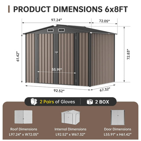 Rugged Metal Storage Shed With Sloping Roof For Backyard And Patio, dimensions 6x8ft, weatherproof galvanized steel construction