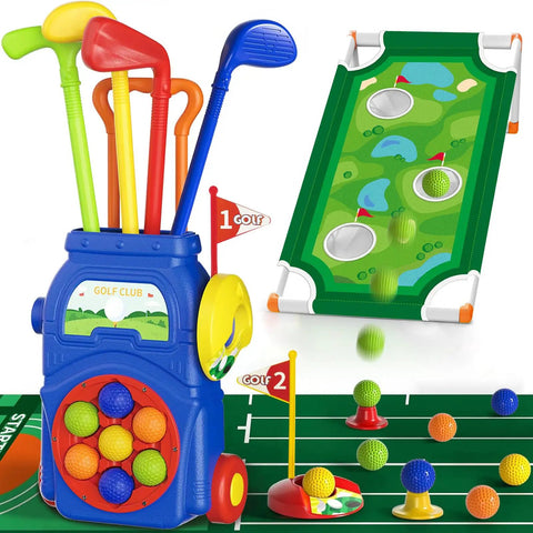 Toddler Golf Set With Putting Mat And Cornhole Board For Kids Aged 3 To 5 Includes 4 Lightweight Clubs 10 Balls 2 Holes And Portable Cart