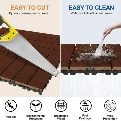 Interlocking Wood Deck Tiles 12x12 Inch Walnut, 27 Pack Waterproof Patio Floor Tiles cut with saw and cleaned with water