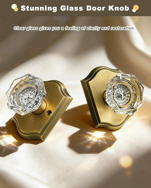 Octagonal Diamond Crystal Doorknob in Antique Brass Finish, Keyless Passage Door Knob with Heavy Duty Zinc Rosette Plate