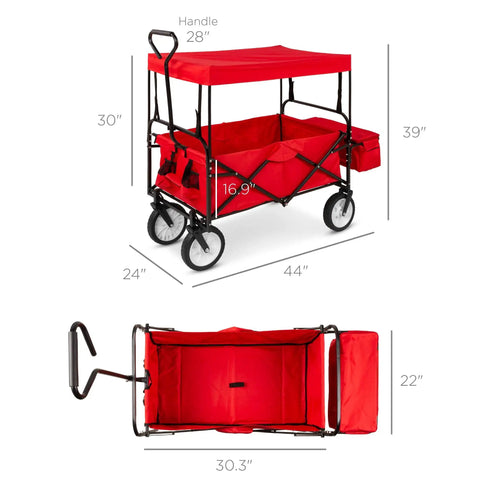 Foldable Outdoor Utility Wagon With Canopy For Beach, Picnic, Camping, Tailgates Removable Shade, 150 Lb Capacity, Red