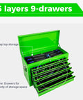 24 Inch Heavy Duty Steel Tool Box With Nine Lockable Drawers Solid Reinforced Metal Tool Chest Green, open showing top storage and drawers.