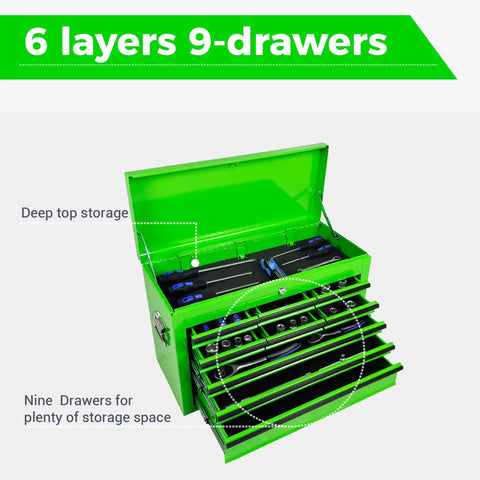 24 Inch Heavy Duty Steel Tool Box With Nine Lockable Drawers Solid Reinforced Metal Tool Chest Green, open showing top storage and drawers.