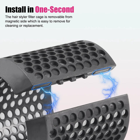 Outer Filter Cover For Airwrap Hair Styler With Filter Cleaning Brush HS01 HS05 Magnetic Filter Cage Replacement Parts, showing easy magnetic installation with electric effects, durable gray housing.