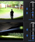 Rechargeable 99,000 Lumen LED Flashlight Pack, Beast Bright 7 Modes Handheld Torch zoom feature demonstration in outdoor setting