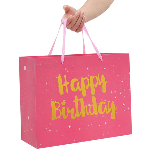Giant Pink Gift Bag Set With Greeting Card And Tissue Paper Starry Night Design With Hot Foil Happy Birthday Perfect For Women Girls Kids Birthday Parties And Baby Showers 13 By 5.2 By 10.2 Inches 1 Piece