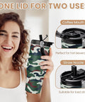 Woman holding Camouflage 30Oz Tumbler With Handle Stainless Steel Insulated Travel Cup With Flip Straw and dual-use lid.