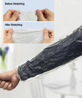 Demo of Disposable Arm Sleeve Covers 200 Pack Clear Plastic Sleeves For Painting, showing stretching and fit on arm.
