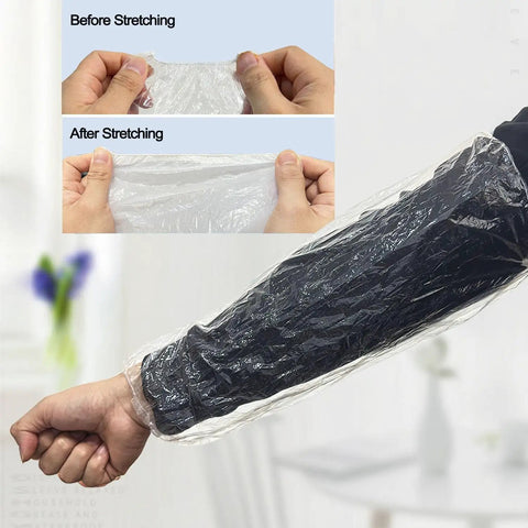 Demo of Disposable Arm Sleeve Covers 200 Pack Clear Plastic Sleeves For Painting, showing stretching and fit on arm.